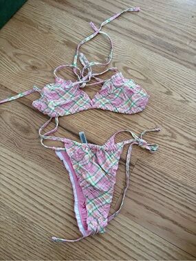 Frankie's Bikinis Pink Plaid Triangle String Bikini